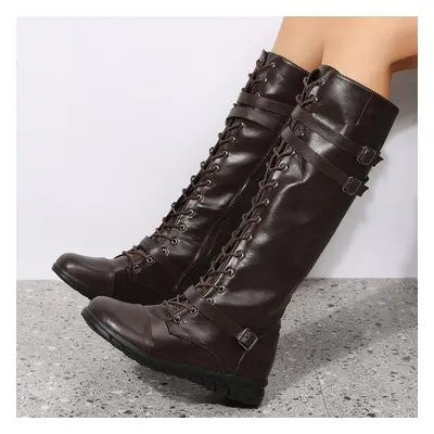 (brown, 43) Womens High-top Boot Fashion Pu Leather Zip High Heel Faux Leather Thick Heel Boots 