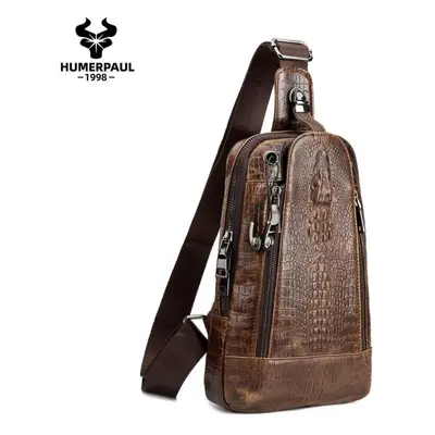 (coffee) Humerpaul Crocodile Print Men Leather Chest Bag Large Capacity Sports Bag