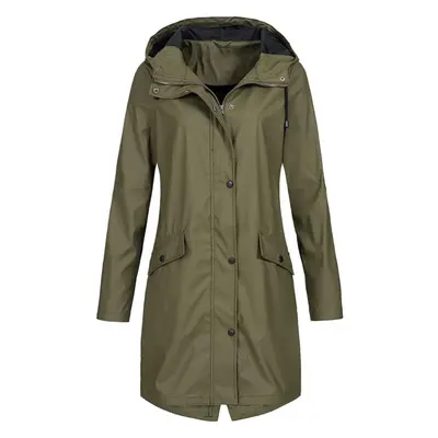 (army green, L) Women&apos;s Solid Rain Jacket Outdoor Hoodie Waterproof Long Coat Overcoat Wind