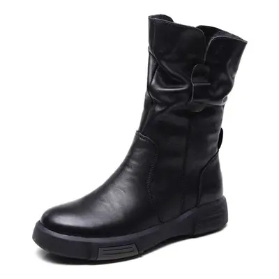 (black, 38) Johnature Mid-calf Boots Genuine Leather Versatile Retro Round Toe Women&apos;s Boot