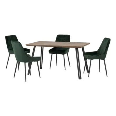 Quebec Straight Edge Dining Set Medium Oak Effect with Green Velvet Chairs