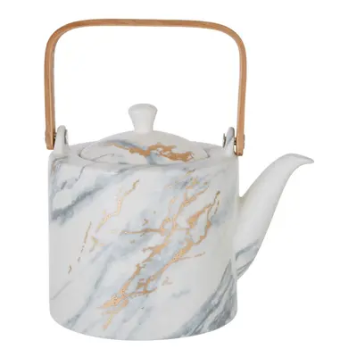 White Porcelain Teapot With Bamboo Handle,Marble Effect Gold Finish Ceramic Tea Pot,Ideal For Te