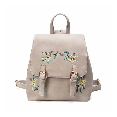 (Grey) Floral Women Leather Backpack Embroidery School Vintage Bag