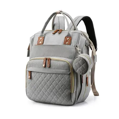 (Grey) Mummy Backpack USB Port Folding Bed Diaper Bag Multifunction Outdoor Travel