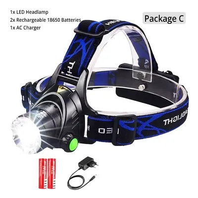 (L2-25000 Lumen, Package C) Powerful LED Headlamp USB DC Charging Headlight Waterproof Head Lamp