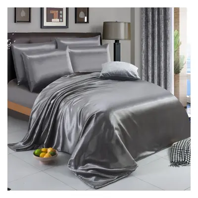 (King, Silver) 6PCS SATIN BEDDING SET DUVET COVER FITTED SHEET PILLOW CASES