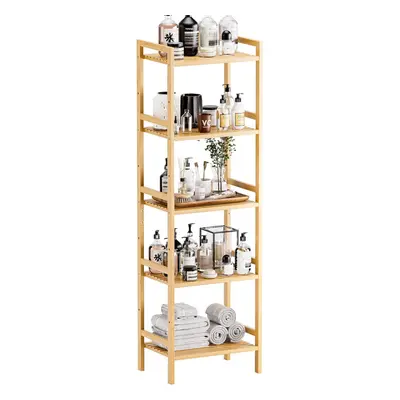 (Natural) 5-Tier Bookcase, Adjustable Tall Narrow Book Shelf, Freestanding Bamboo Display Storag