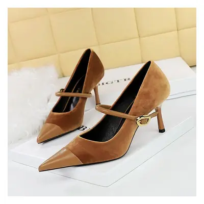 (tan, 42) Banquet High Heels, Thin Heels, Shallow Mouth, Pointed Velvet Patchwork, Pointed Metal