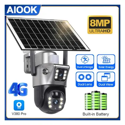 (4G Camera+128GB) Aiook V380 Pro 4g Solar Camera Hd 8mp Dual Lens Outdoor Waterproof Ip Cctv Hum