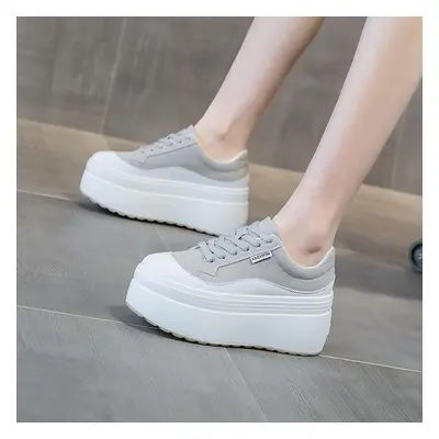 (grey, 37) Fujin 8cm New Canvas Genuine Leather Women Fashion Sneakers Platform Shoes Wedge Hidd