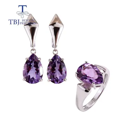 (purple, us ring size 9#) New 100% Natural Amethyst Rings Earrings Simple Design Jewelry Set Sil