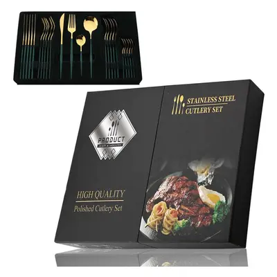 (green,gold, 24pcs + box) 24pcs Black Handle Golden Cutlery Set Stainless Steel Knife Fork Spoon