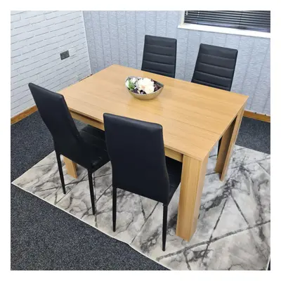 Dining Table and Chairs Oak Effect Wood Black Leather Chairs Dining Room