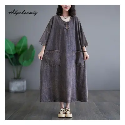 (as the picture, XXL) Korean Fashion Spring Autumn Women Plus Size Denim Dress O Neck Oversized 