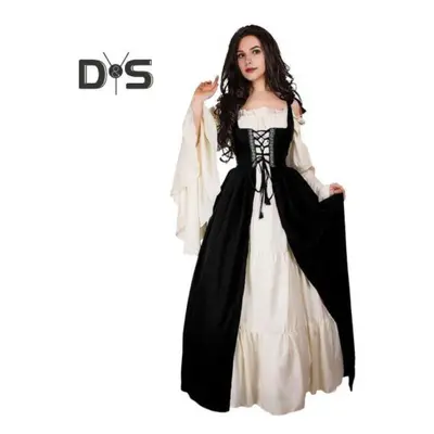 (black, XL) Set Women Dress Shirring Edge Square Neck Tight Waist Flowy Sleeves Lace-up Patchwor