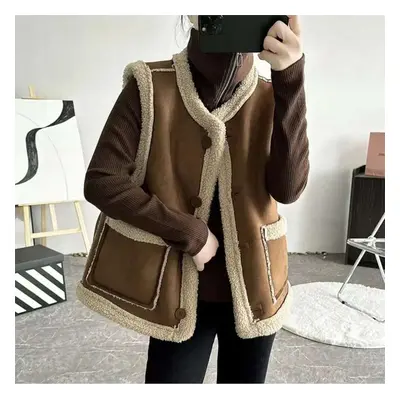 (coffee, M) Double-sided Vest Women&apos;s Vintage Sheepskin Fur Vest Reversible Waistcoat Autum