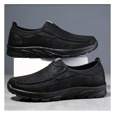 (BLACK, UK EU 43) MENS LEATHER SLIP ON WALKING SHOES DRIVING MOCCASIN COMFORT CASUAL TRAINERS SI