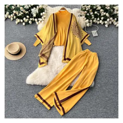 (yellow, One Size) Women Chic Knit Two Pieces Sets Lool Sleeve Patchwork O Neck Basics Split Hig