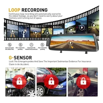 (black, inch recorder) 10" Ips Full Touch Screen 1080p Dash Cam Car Dvr Rear View Camera Video R