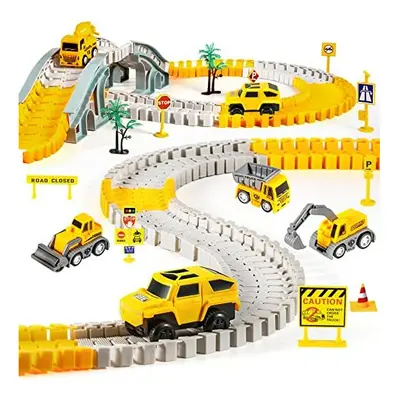 Kizplays 260pcs Construction Race Tracks for Kids Toys, 6pcs Construction Car and Flexible Track