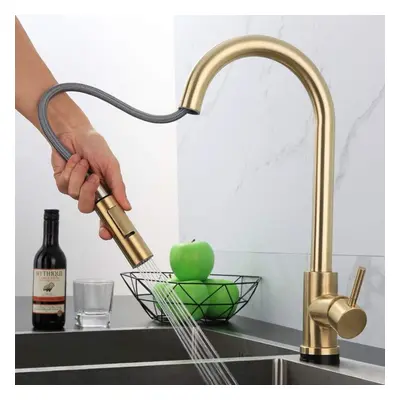 Jiuzhuo Brushed Gold Touch Kitchen Mixer Tap Stailess Steel Pull Out Spray Single Handle