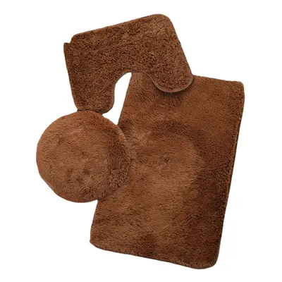 (Brown) 3PCS Solid Color PV Velvet Bathroom Mat Set Anti-slip Floor Rug Lid Toilet Cover