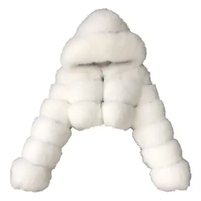 (White, Large) Faux Fur Coat Women With Hood Cropped Bubble Coats Fleece Short Warm Jackets Plus