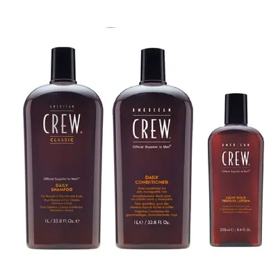 American Crew Daily Moisturizing Shampoo 1000ml, Conditioner 1000ml and Light Hold Texture Lotio