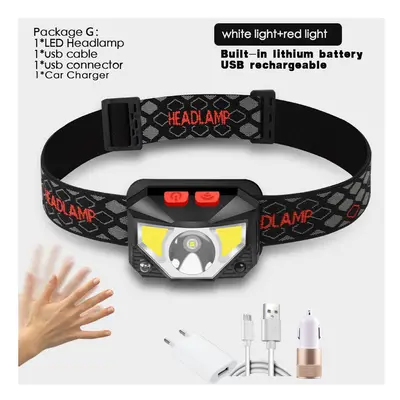 (Package G) 6000Lms LED Headlamp Rechargeable Body Motion Sensor Headlight Camping Flashlight He