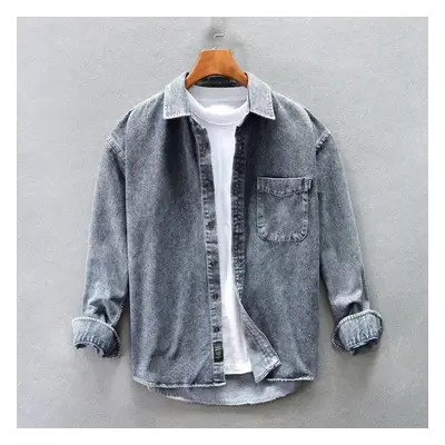 (grey, S) Spring Autumn Fashion Men Shirts Retro Washed Casual Denim Shirt Men Vintage Designer 