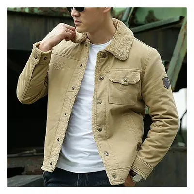 (khaki, XXXL) Winter Mens Jacket Large Size Plus Velvet Thick Cotton Coat Men Warm Tooling Jacke