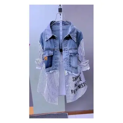 (as the picture, 4XL) Women&apos;s Spring And Fall Denim Jacket Cotton Design Niche Striped Jack