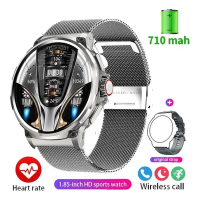 (Silver, Silicone + mesh steel) New 1.85-inch ultra HD smartwatch, GPS track HD Bluetooth call m