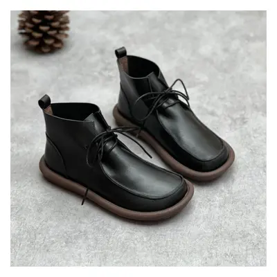 (black, 36) Johnature Vintage Genuine Leather Soft Sole Round Toe Lace Up Casual Handmade Versat