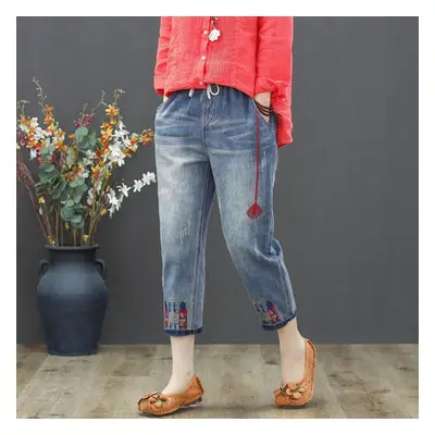 (blue, XS) Fashion Autumn Ladies Ripped Loose Jeans Women Casual Embroidery Denim Trousers Vinta