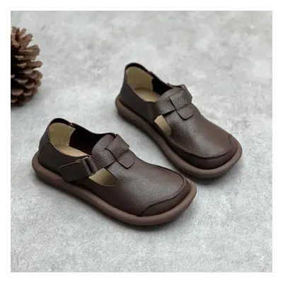 (coffee, 38) Johnature Genuine Leather Round Toe Retro Handmade Women Flats Shoes Soft Sole Comf