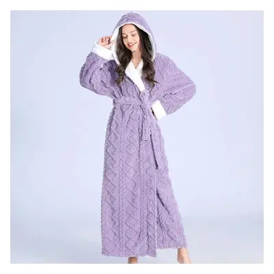 (L, purple) Danmo Loose Long Thick Bath Robe Hooded Winter Thick Women Bathrobe Flannel Terry Wa