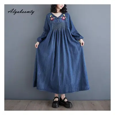 (blue, XL) Plus Size Spring Autumn Women Denim Midi Dress V Neck Floral Embroidery Oversized Loo