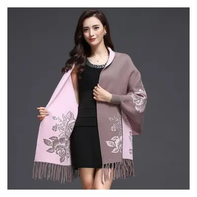 (khaki, One Size) New Cashmere Tassel Poncho Shawl Dual-purpose Scarf Women Knitted Sweater Top 