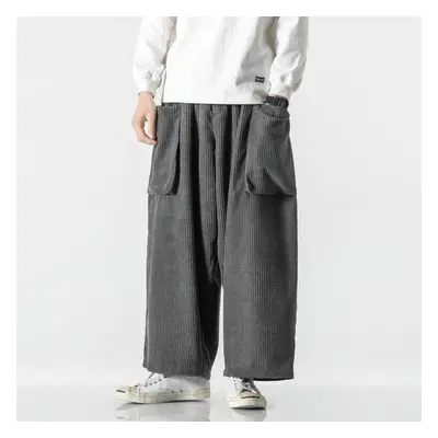 (grey, L) Corduroy Cargo Pants Japanese Vintage Side Pockets Harem Pants Casual Streetwear Jogge