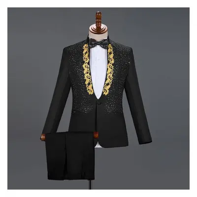 (black, XL) Cloth007vintage Men Suit 2pcs Fashion Plaid Slim Fit Blazer+pants Business Wedding P