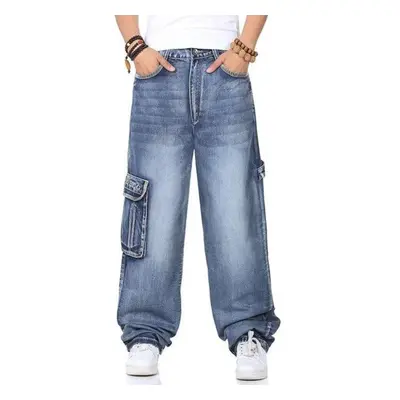 (sky blue, 34) New Japan Style Brand Mens Straight Denim Cargo Pants Biker Jeans Men Baggy Loose