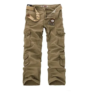 (khaki, 34) Men&apos;s Straight Workwear Casual Trousers Pants Solid Camouflage Color Belt Pocke