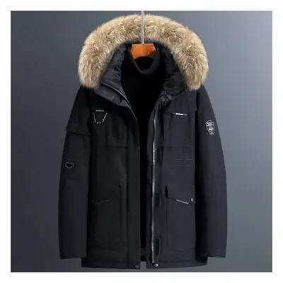 (black, L) Men&apos;s Thermal Thick Fur Collar Male Winter Long Parkas Down Jacket Coat Mid-leng