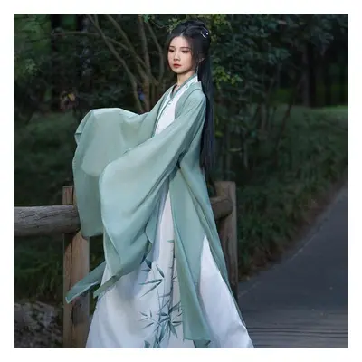 (blue, XL) Chinese Wei And Jin Dynasties Style Hanfu Bamboo Leaf Printed Large Size Ladies Suit