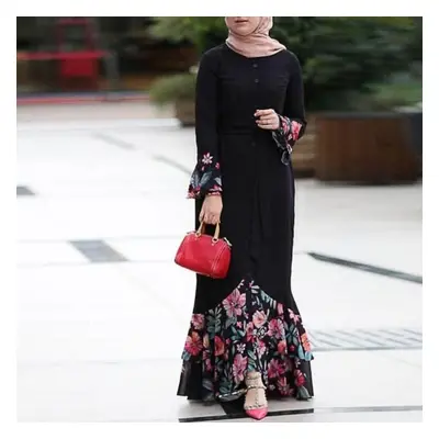 (black, 3XL) Women&apos;s Fashion Floral Patchwork Dubai Abaya Sleeve Floor Length Arab Muslim I