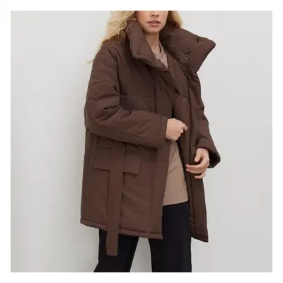 (brown, S) Women Autumn Winter Stand Collar Cotton Coat Temperament Irregular Button Matching Be