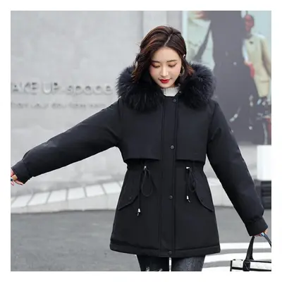 (black, XXL) Women&apos;s Winter Plus Velvet Large Fur Collar Slim Slimming Mid-length Cotton Ja