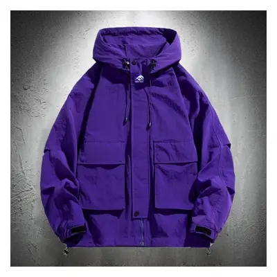 (purple, 3XL) Men&apos;s Trench Jacket Hip Hop Solid Color Outdoor Sports Hooded Coat Purple Hoo