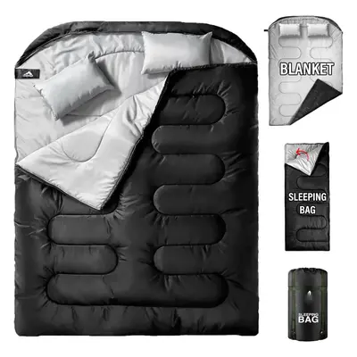 (DOUBLE-BLACK) Mens Double Sleeping Bag Adult Wide Sleeping Bag Camping Large Tall Sleeping Bag 